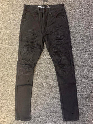 MEN JET BLACK PADDED DAMAGED TWILL PANTS