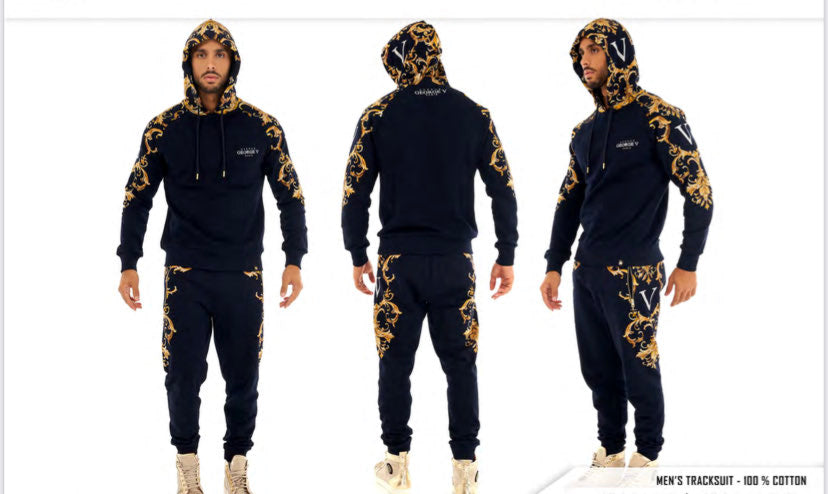 MEN NAVY BLUE GEORGE V GOLD TRIM GLITTERY HOODIE TRACKSUIT