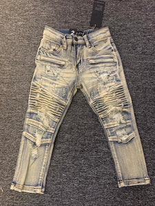 LITTLE KIDS VINTAGE WASH DAMAGED DOUBLE ZIPPER BIKER JEANS