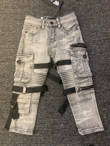 LITTLE KIDS GRAY BLEACH CARGO BIKER STRAP JEANS