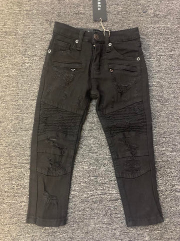 KIDS JET BLACK DESTROYED DOUBLE ZIPPER BIKER STYLE JEANS