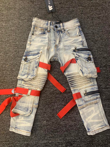 KIDS BLUE WASH SIDE CARGO BIKER RED STRAP JEANS