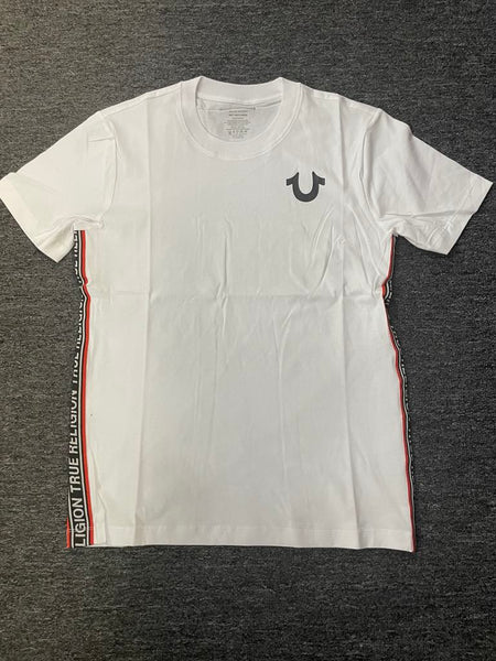 Men White True Religion with Stitched in Red/ Black Side Strip Tee