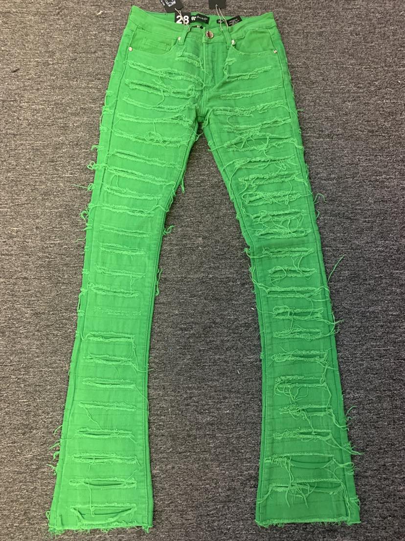 MEN SUPER DESTROYED KELLY GREEN STACK JEANS