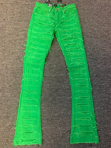 MEN SUPER DESTROYED KELLY GREEN STACK JEANS