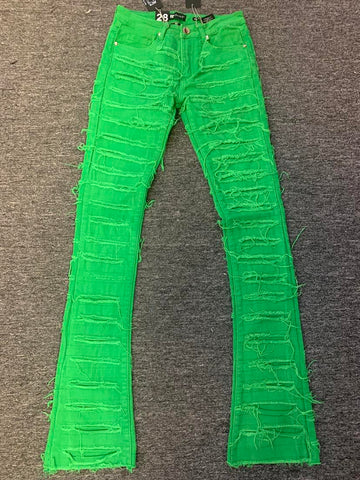 MEN SUPER DESTROYED KELLY GREEN STACK JEANS