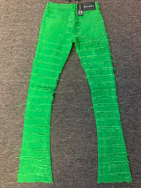 MEN SUPER DESTROYED KELLY GREEN STACK JEANS