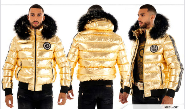 MEN GEORGE V GOLD WITH FUR HOOD GLITTERY PUFFER COAT