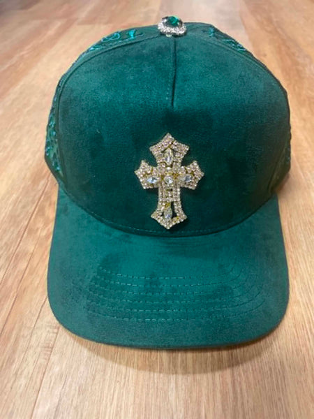 UNISEX GREEN 3D METAL CROSS RHINESTONE SNAPBACK