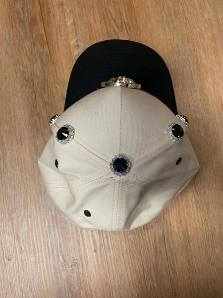 UNISEX CREAM/ BLACK 3D METAL LION HEAD LOGO RHINESTONE SNAPBACK