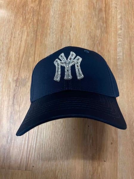 UNISEX BLACK/ BLACK METAL NY LOGO RHINESTONE STRAP BACK