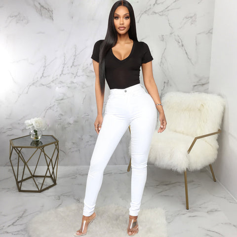 White Elastic high waist jeans pencil pants