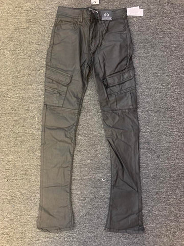 MEN BLACK COATED CARGO STACK PANTS