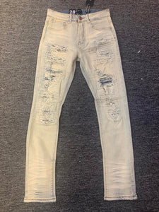 Men Vintage Wash Stitched Damaged Denim Jeans