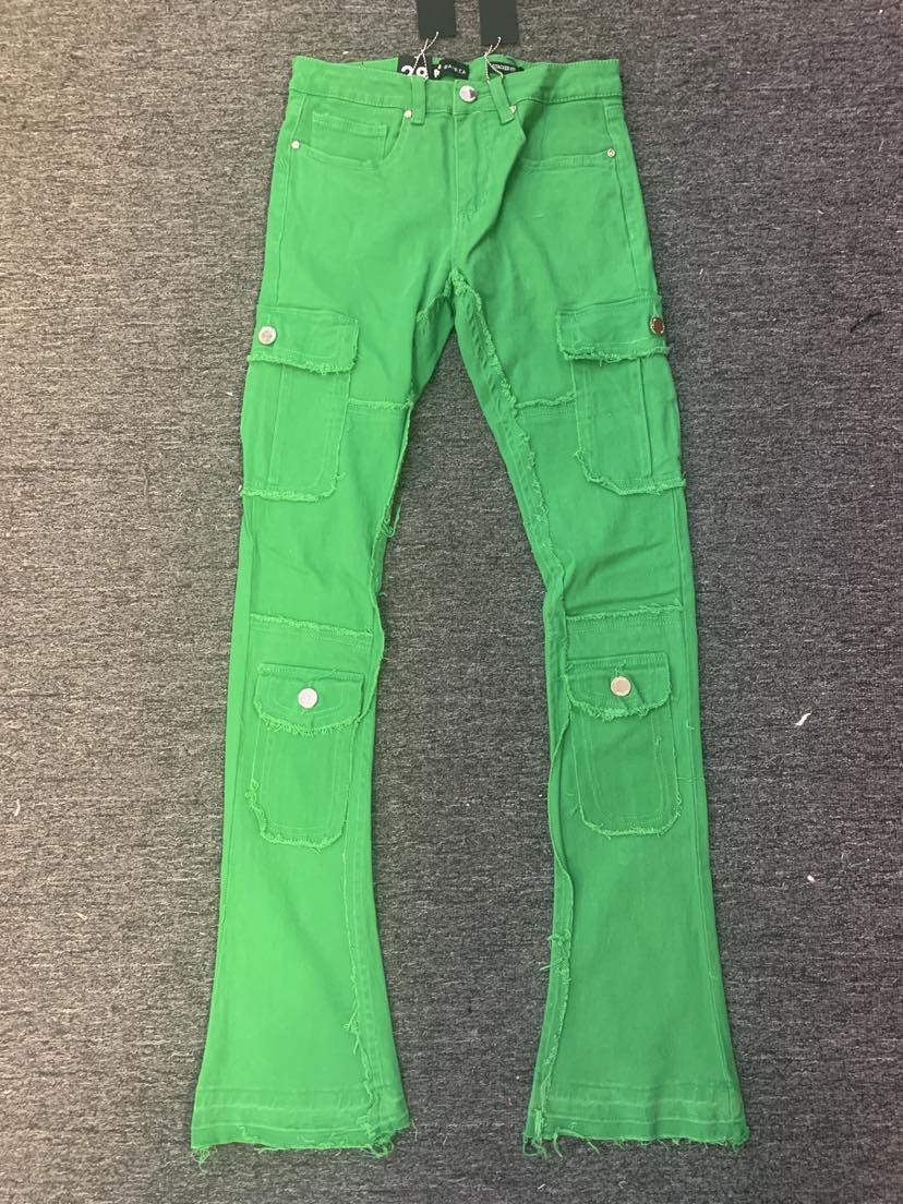 Men Kelly Green Multi Cargo Pocket Stack Denim Jeans