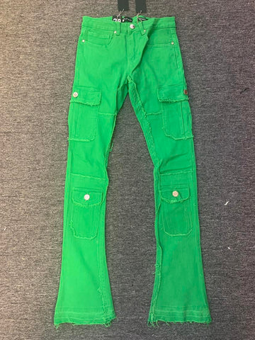 Men Kelly Green Multi Cargo Pocket Stack Denim Jeans