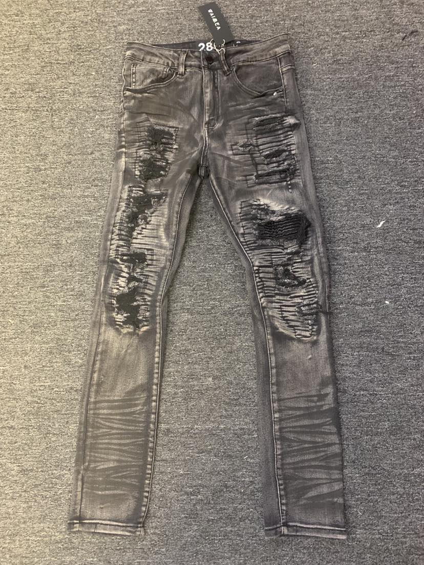 Men Black Wash Stitched Damaged Denim jeans