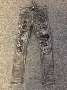 Men Black Wash Stitched Damaged Denim jeans