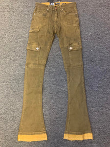 Men Khaki Multi Cargo Pocket Stack Denim Jeans