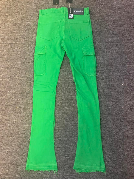 Men Kelly Green Multi Cargo Pocket Stack Denim Jeans