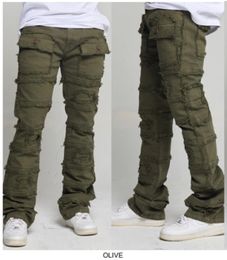 Men Olive Layer Stack Denim Jeans