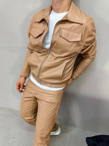 MEN BEIGE FAUX LEATHER SET