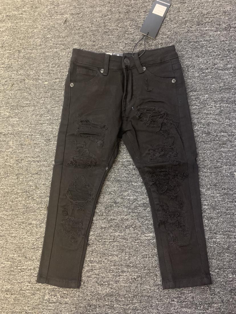 LITTLE KIDS BLACK DESTROYED TWILL PANTS