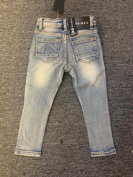 KIDS BLUE WASH DAMAGED DOUBLE ZIPPER BIKER JEANS