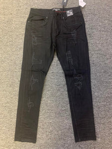 MEN JET BLACK TWILL RIPPED PANTS STRETCH