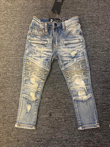 KIDS BLUE WASH DAMAGED DOUBLE ZIPPER BIKER JEANS