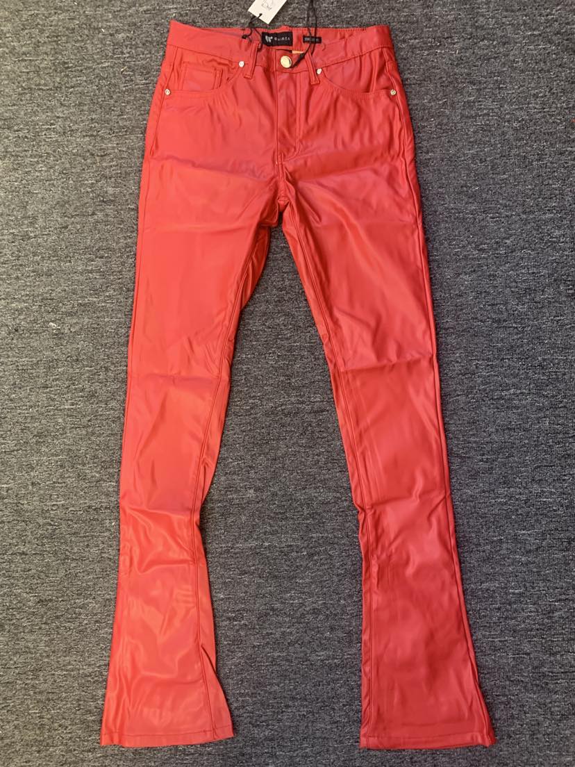 Men Red Stack Leather Style Pants