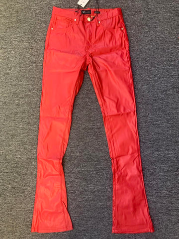 Men Red Stack Leather Style Pants