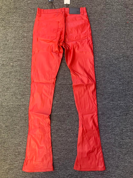 Men Red Stack Leather Style Pants