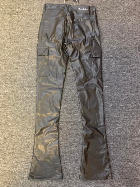 Men Black Cargo Leather Style Stack Pants