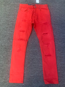 Men Red Core Twill Ripped Stretch Pants