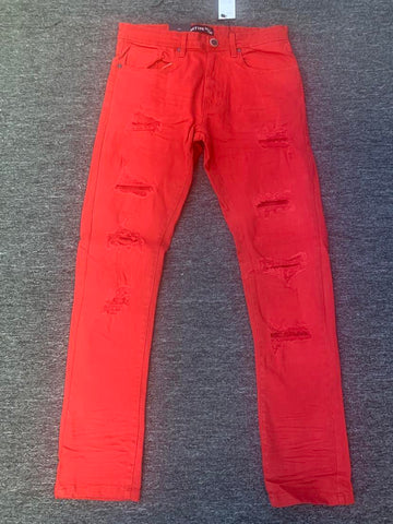 Men Red Core Twill Ripped Stretch Pants