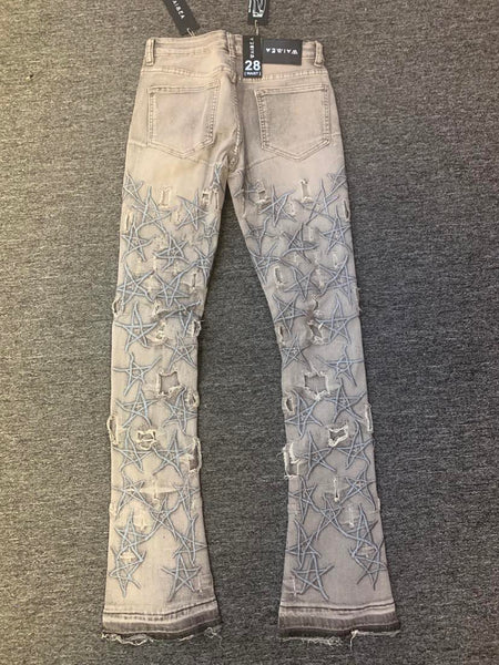 Men Gray Star Embroidery Stack Jeans