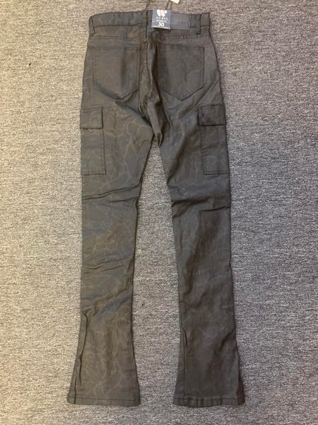 Men Black Wax Coated Cargo Stack Pants