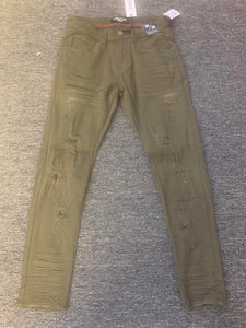 Men Olive Core Twill Ripped Stretch Pants