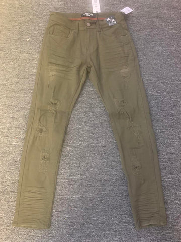 Men Olive Core Twill Ripped Stretch Pants