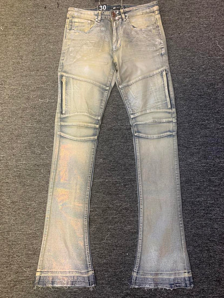 Men Vintage Wash Shinny Metallic Stack Pants