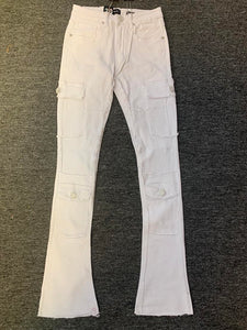 Men White Multi Cargo Pocket Stack Denim Jeans