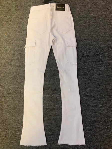 Men White Multi Cargo Pocket Stack Denim Jeans