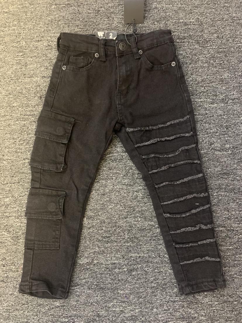 LITTLE KIDS BLACK CARGO POCKETS DESTROYED ONE LEG JEANS