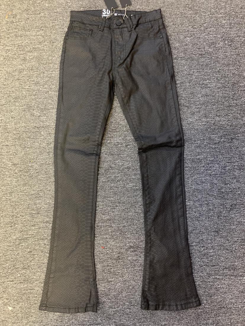 Men Black Snake Print Wax Stack Pants