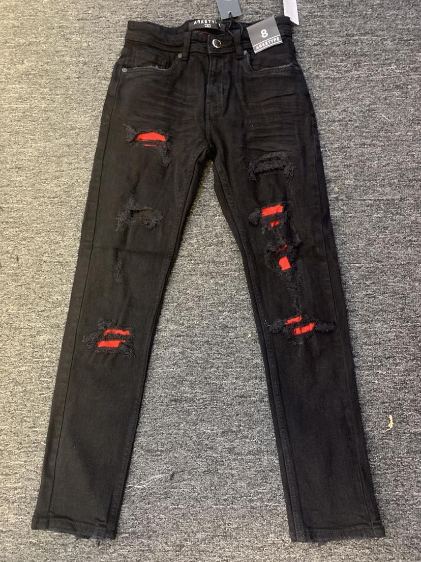 Kid's Jet Black/Red Color Backing Jeans