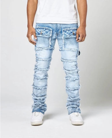 Big Men Plus Size Ice Blue Patchwork True Stacked Denim Jean