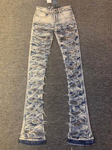 Men Blue Wash Super Destroyed Criss Cross Stack Denim Jeans