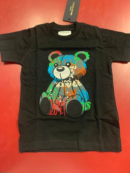 Little Kids Black Applique / Embroidery Graffiti Bear T-shirt