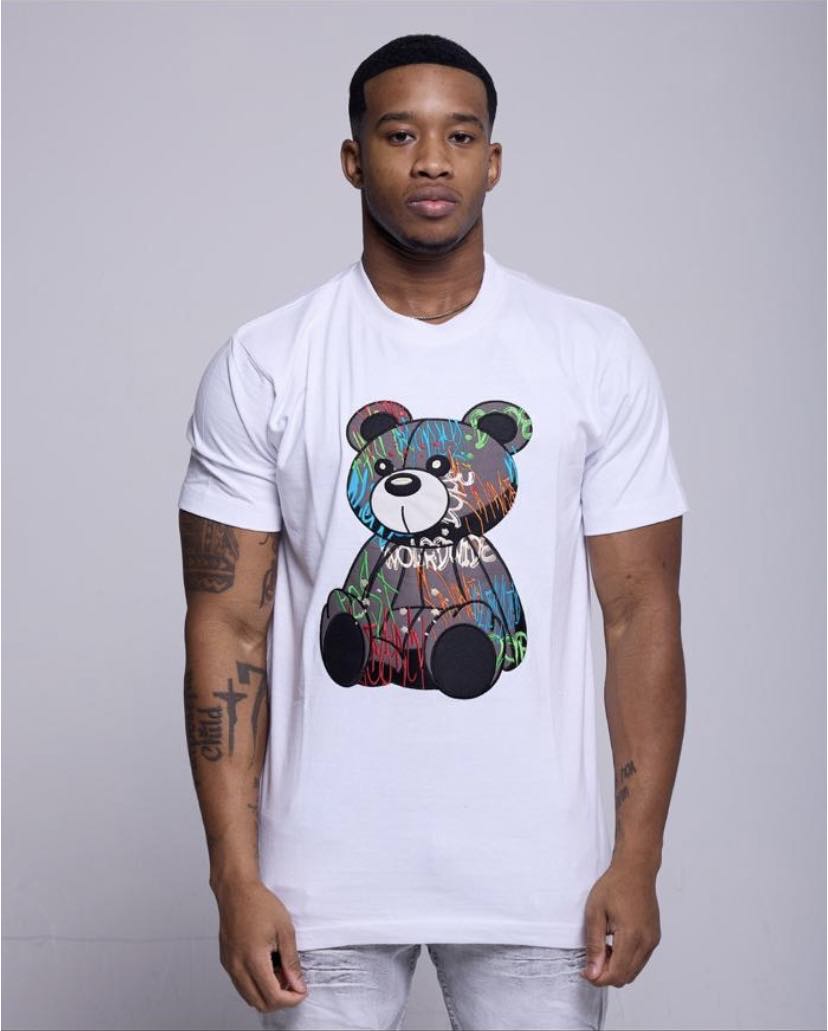 Little Kids White Applique / Embroidery Graffiti Bear T-shirt